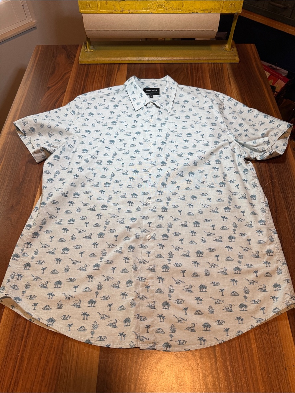Bonobos White Short-Sleeve Shirt with Blue/Teal Dinosaur Print Slim Fit XXL Long